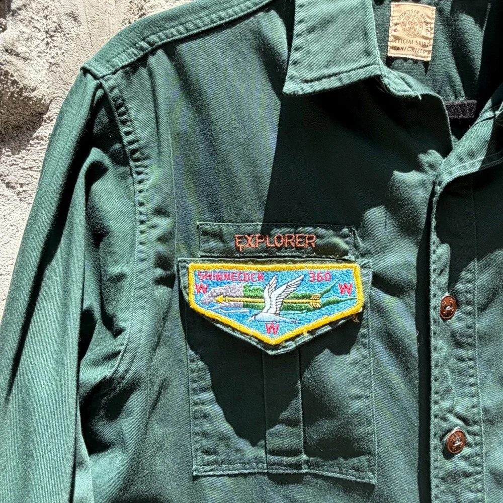 Vtg Boy Scouts Shirt Mens M Green Sanforized Brentwood NY Shinnecock 50s 60s